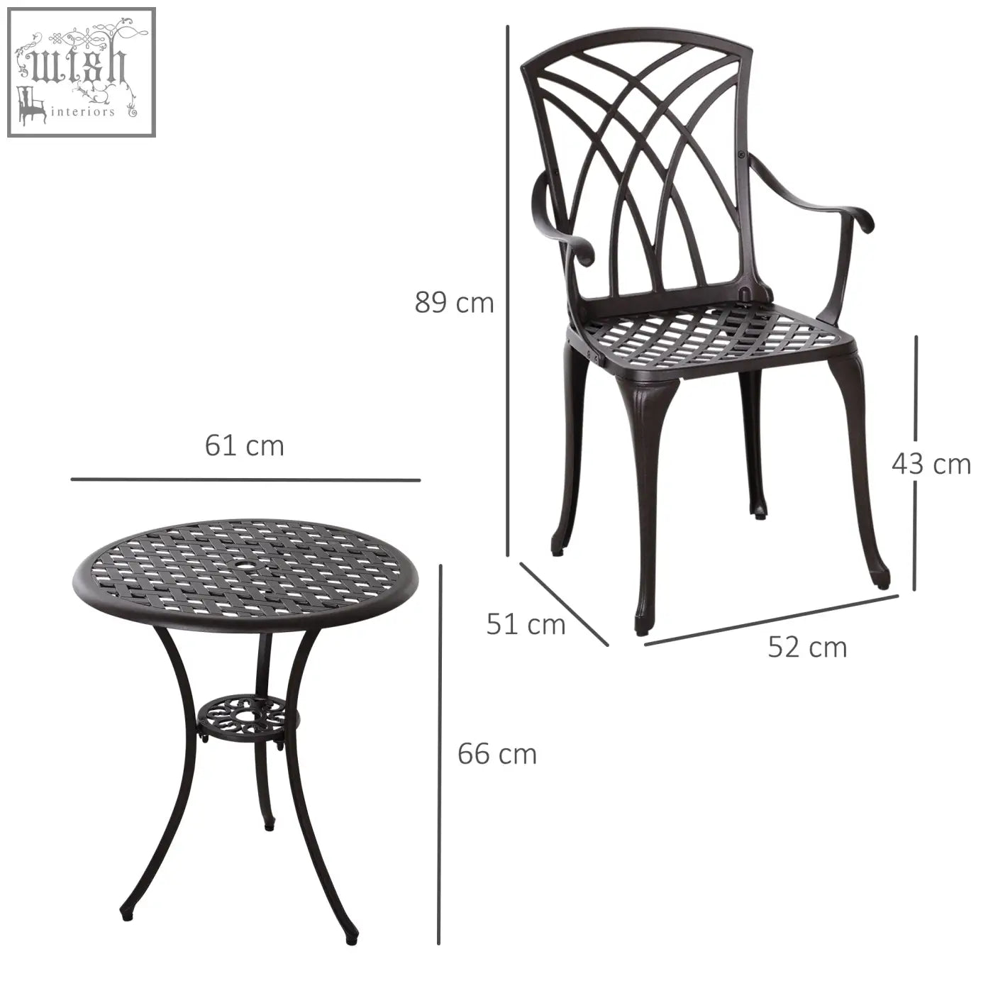 Black wrought iron patio chair with ornate lattice back and curved armrests in cast aluminium garden furniture set
