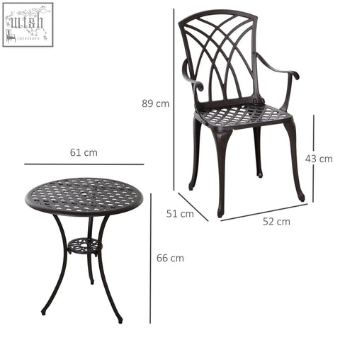 Black wrought iron patio chair with ornate lattice back and curved armrests in cast aluminium garden furniture set