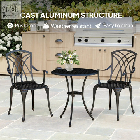 Black cast aluminium 3 piece garden furniture set with intricate lattice backrests and mesh seats for outdoor use