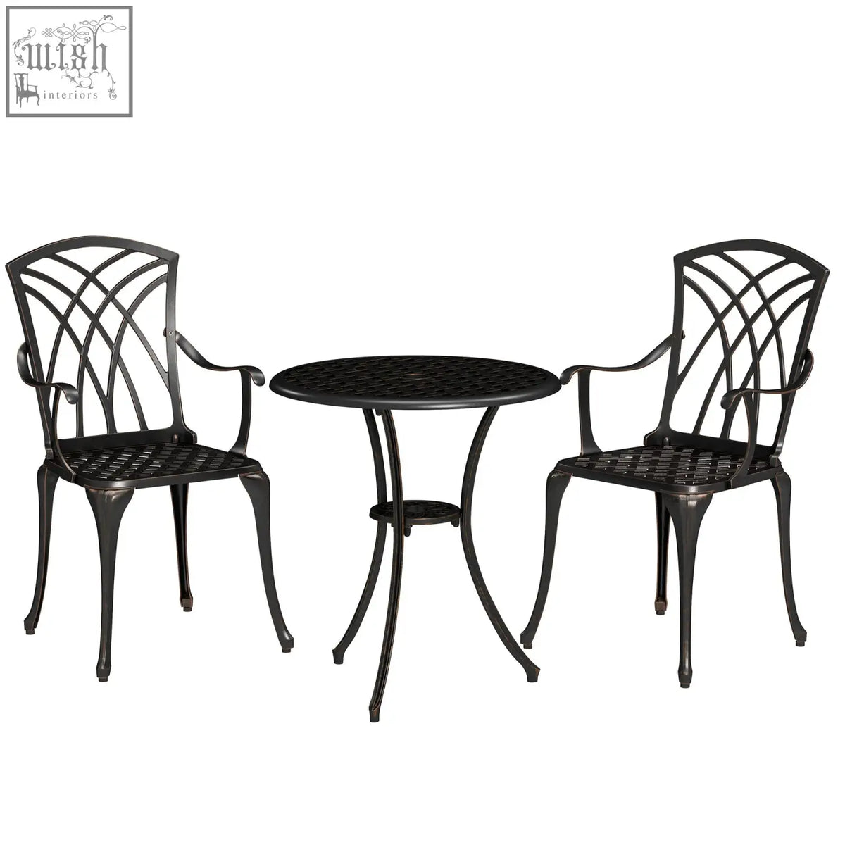 Black cast aluminium garden furniture set with ornate backrests and lattice seats for outdoor dining in bronze tone