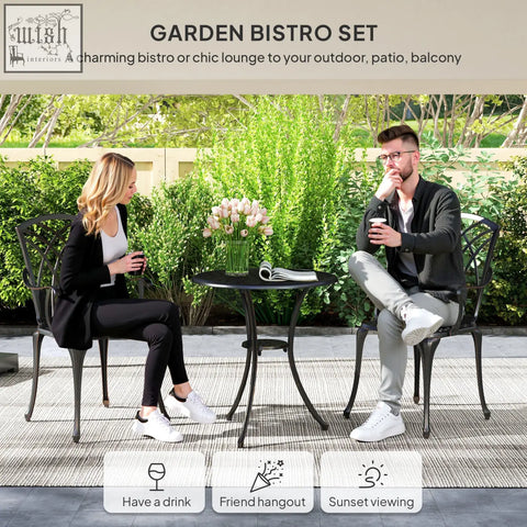 Outsunny 3 pieces black cast aluminium garden furniture set with wrought iron chairs and round table for outdoor dining