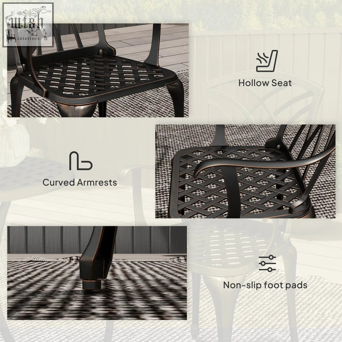 Black wrought iron patio chair with lattice pattern and curved armrests in cast aluminium garden furniture set