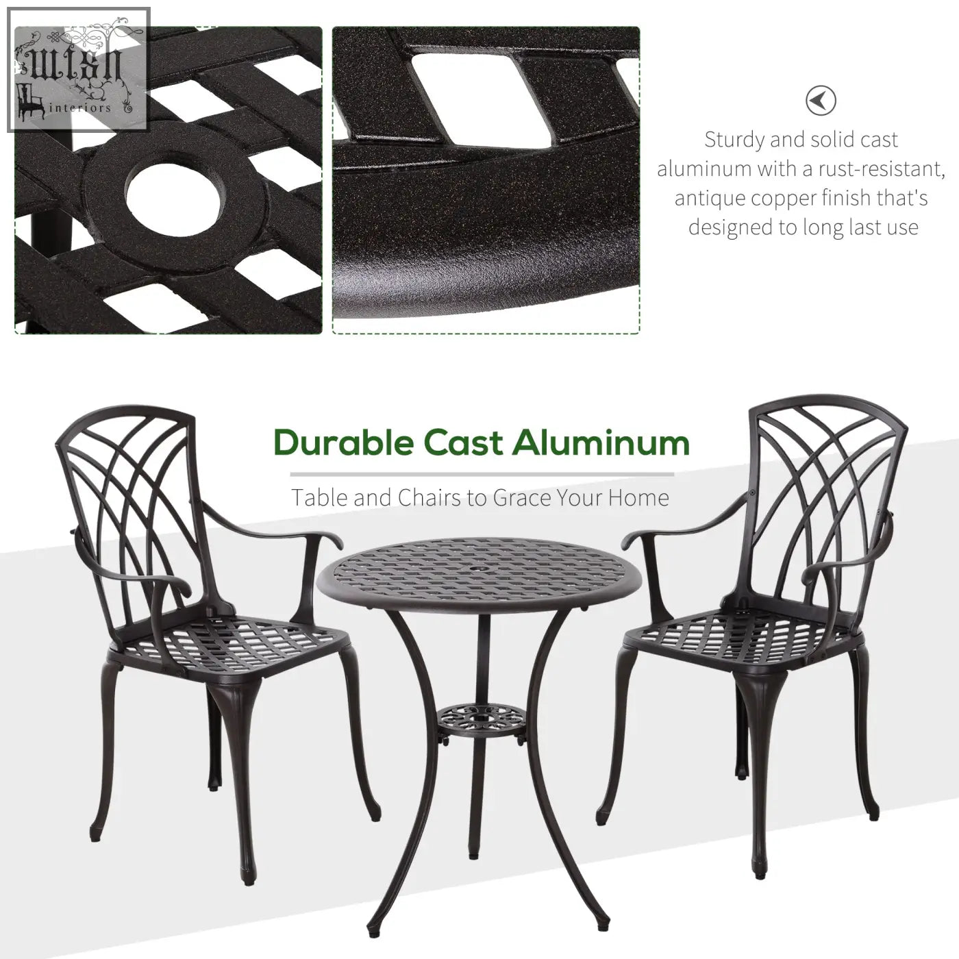 Outsunny 3 pieces garden dining set with black cast aluminium armchairs and table with lattice design and copper finish