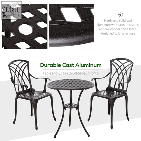 Outsunny 3 pieces garden dining set with black cast aluminium armchairs and table with lattice design and copper finish