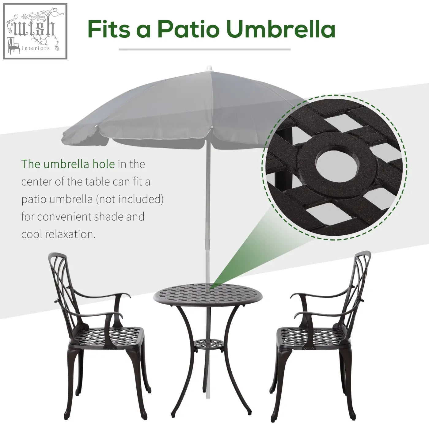 Black cast aluminium garden furniture set with round lattice patio table and 2 matching armchairs for outdoor use