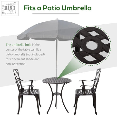 Black cast aluminium garden furniture set with round lattice patio table and 2 matching armchairs for outdoor use