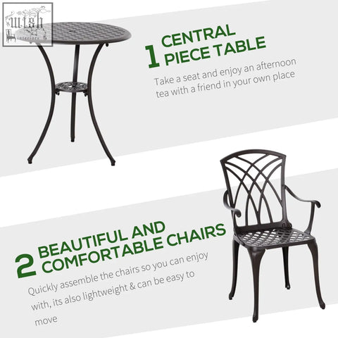 Black wrought iron circular patio table with decorative lattice pattern in outsunny cast aluminium garden furniture set
