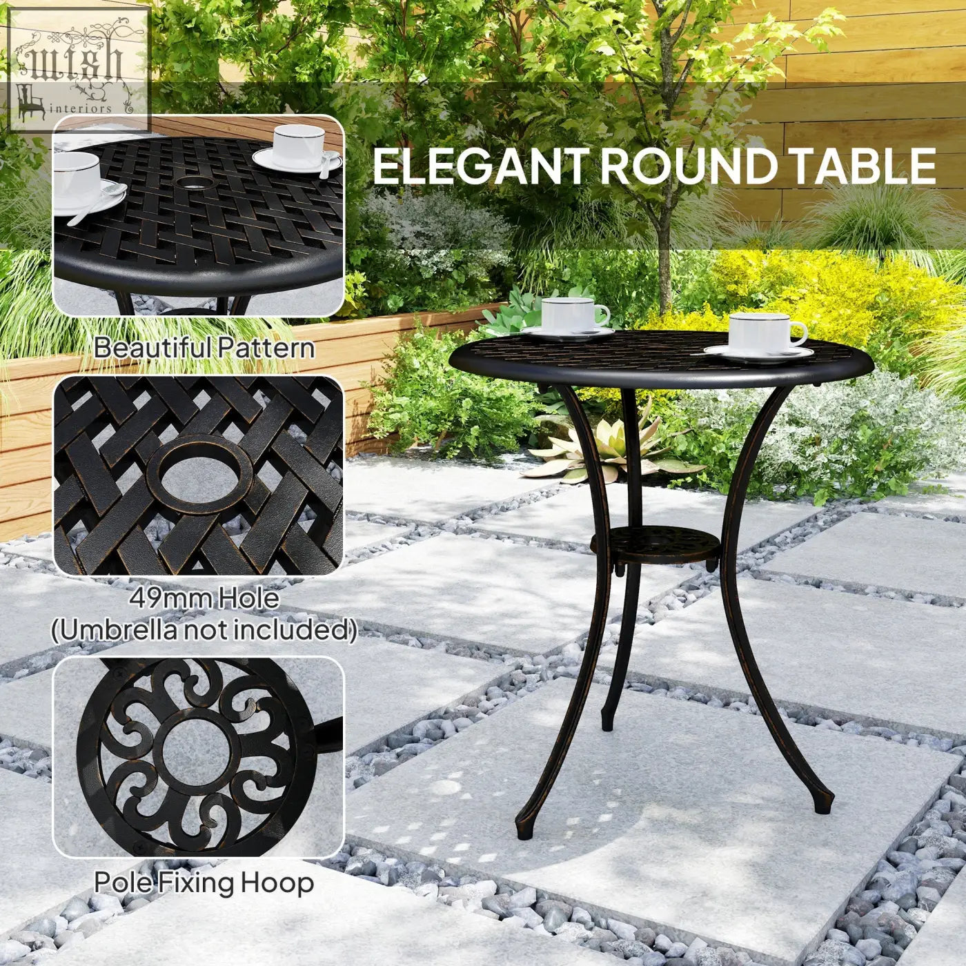 Black wrought iron round cast aluminium garden furniture set table with woven lattice top and ornate scrollwork base in bronze tone