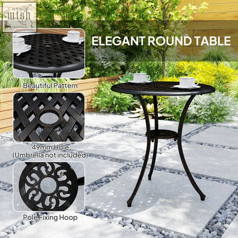 Black wrought iron round cast aluminium garden furniture set table with woven lattice top and ornate scrollwork base in bronze tone