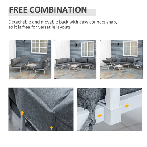 Outsunny gray fabric garden furniture set with 3-seater sofa, adjustable backrest, white metal frame, and coffee table