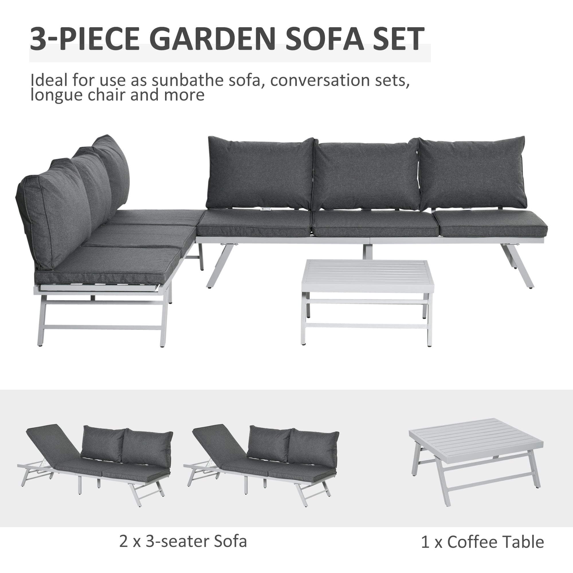 Modern gray garden furniture 3-seater sofa set with aluminum frame and matching coffee table with slatted metal top
