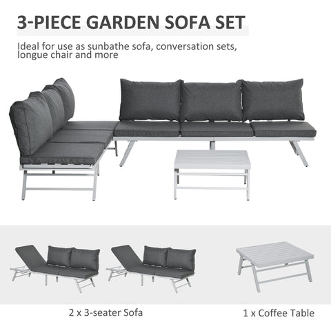 Modern gray garden furniture 3-seater sofa set with aluminum frame and matching coffee table with slatted metal top