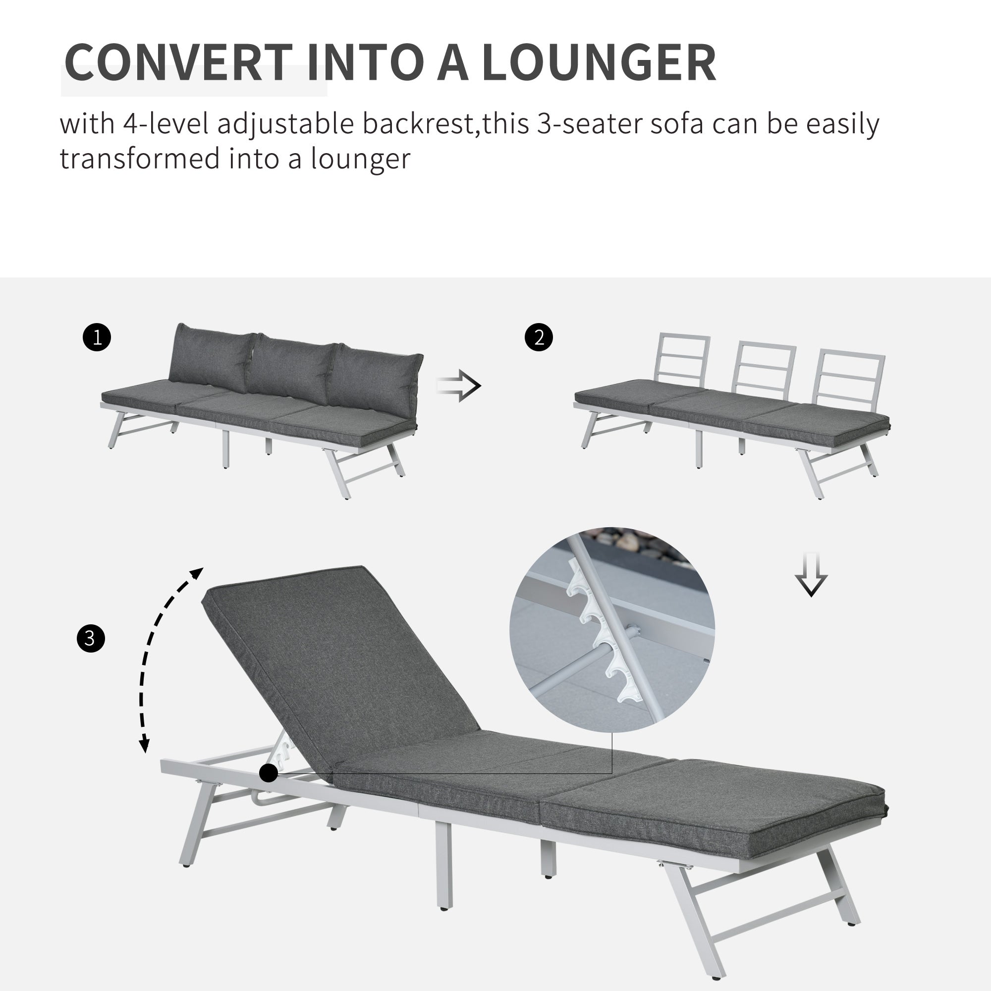 Gray fabric cushioned 3-seater sofa with white metal frame and coffee table perfect for garden furniture sets