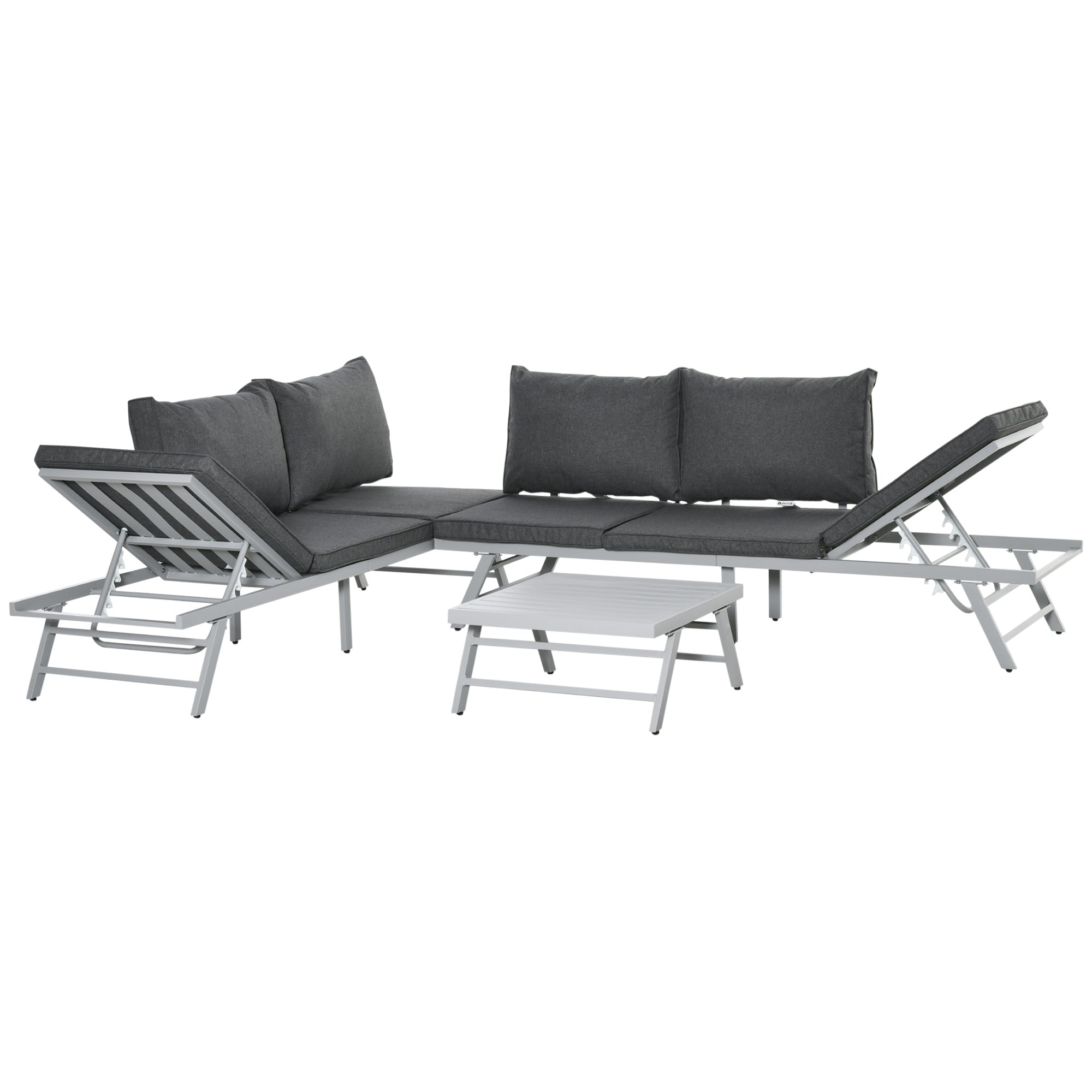 Modern gray garden furniture 3-seater sofa set with aluminum frame and matching coffee table for outdoor lounging