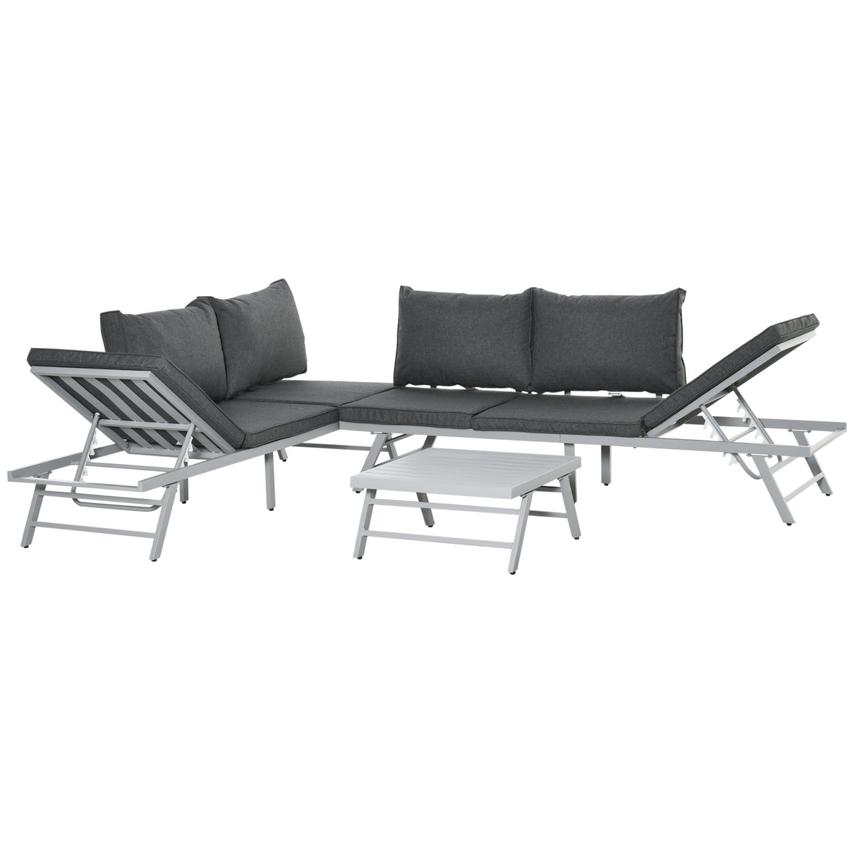Modern gray garden furniture 3-seater sofa set with aluminum frame and matching coffee table for outdoor lounging
