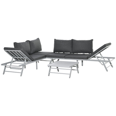 Modern gray garden furniture 3-seater sofa set with aluminum frame and matching coffee table for outdoor lounging