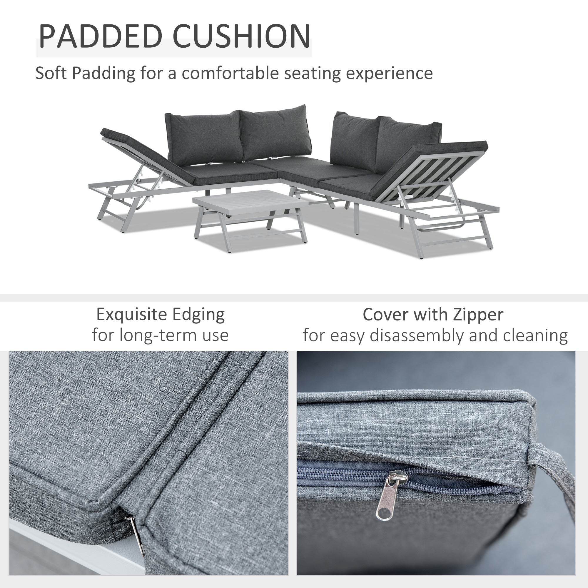 Gray textured fabric cushion with zipper and padding for comfy seating in outsunny garden furniture 3-seater sofa set