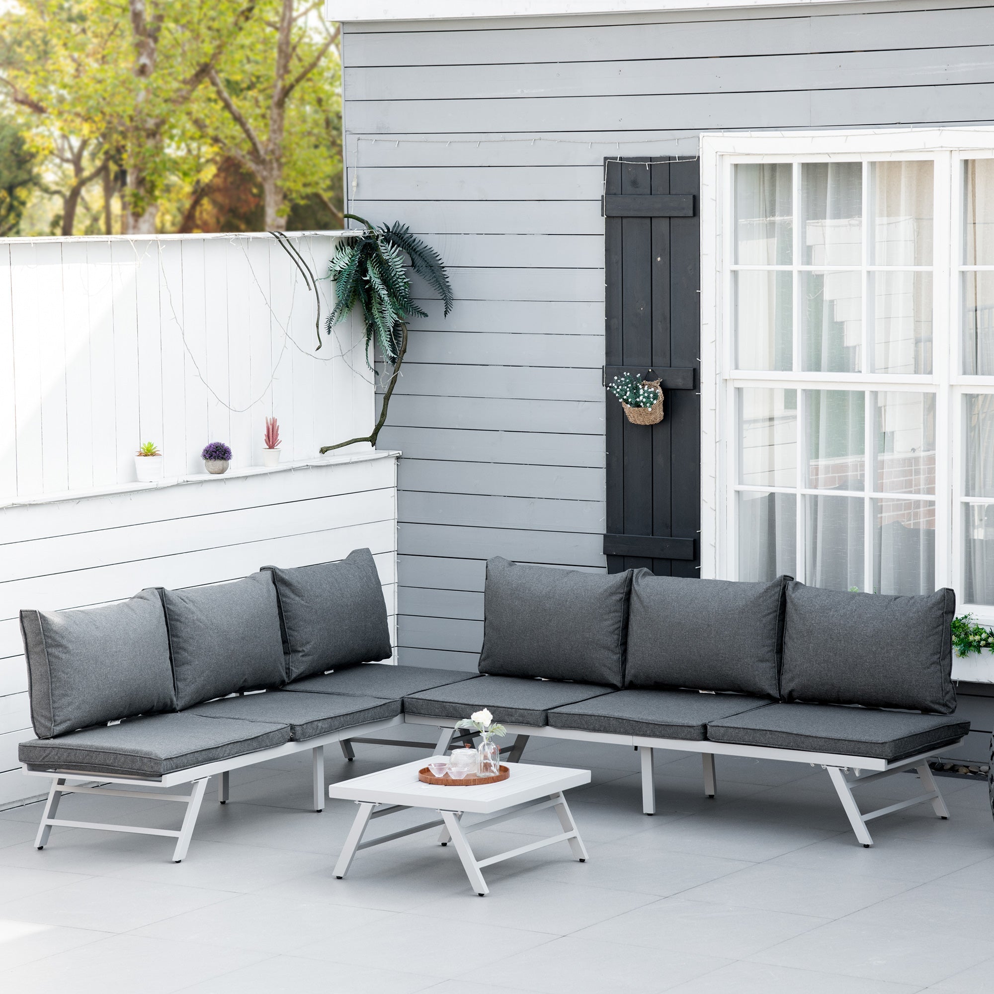 Modern gray 3-seater sofa with adjustable backrest and white metal frame perfect for garden furniture sets