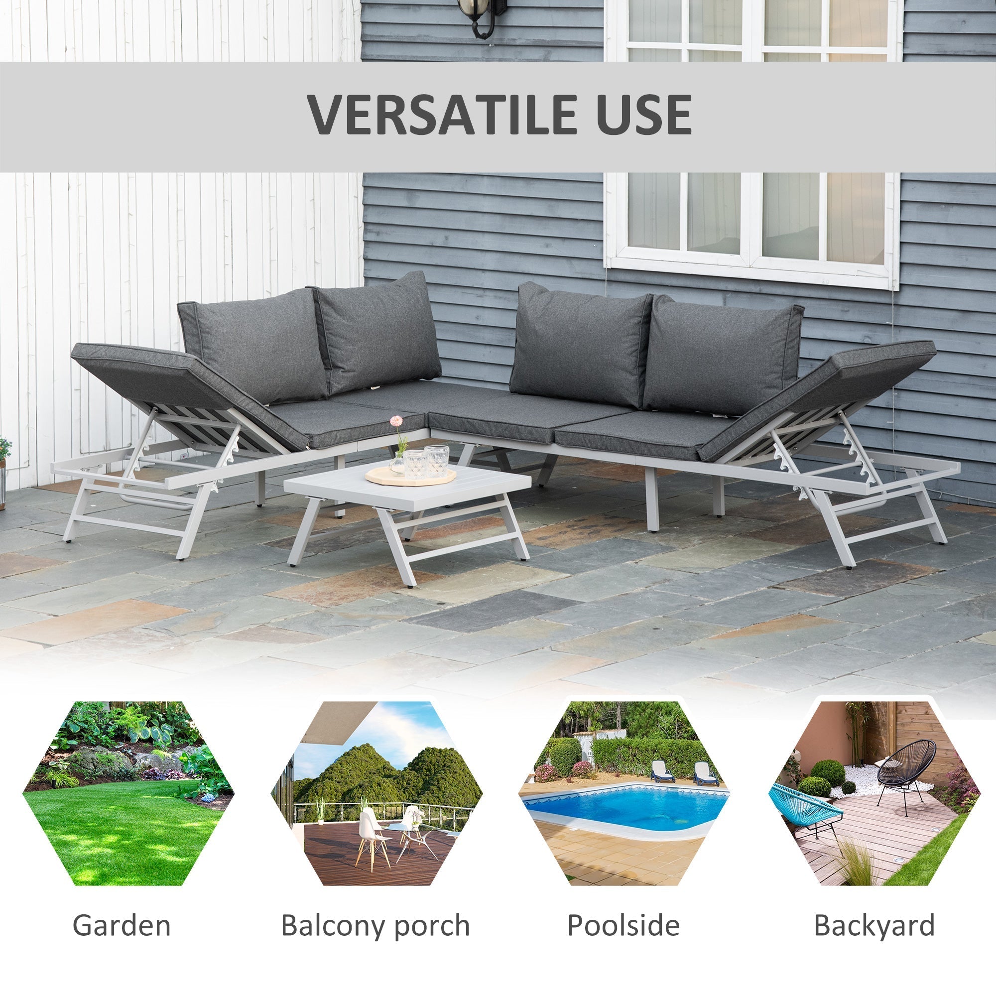 Modern gray garden furniture 3-seater sofa set with adjustable reclining chaise lounges and slatted metal coffee table