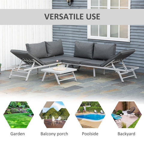 Modern gray garden furniture 3-seater sofa set with adjustable reclining chaise lounges and slatted metal coffee table