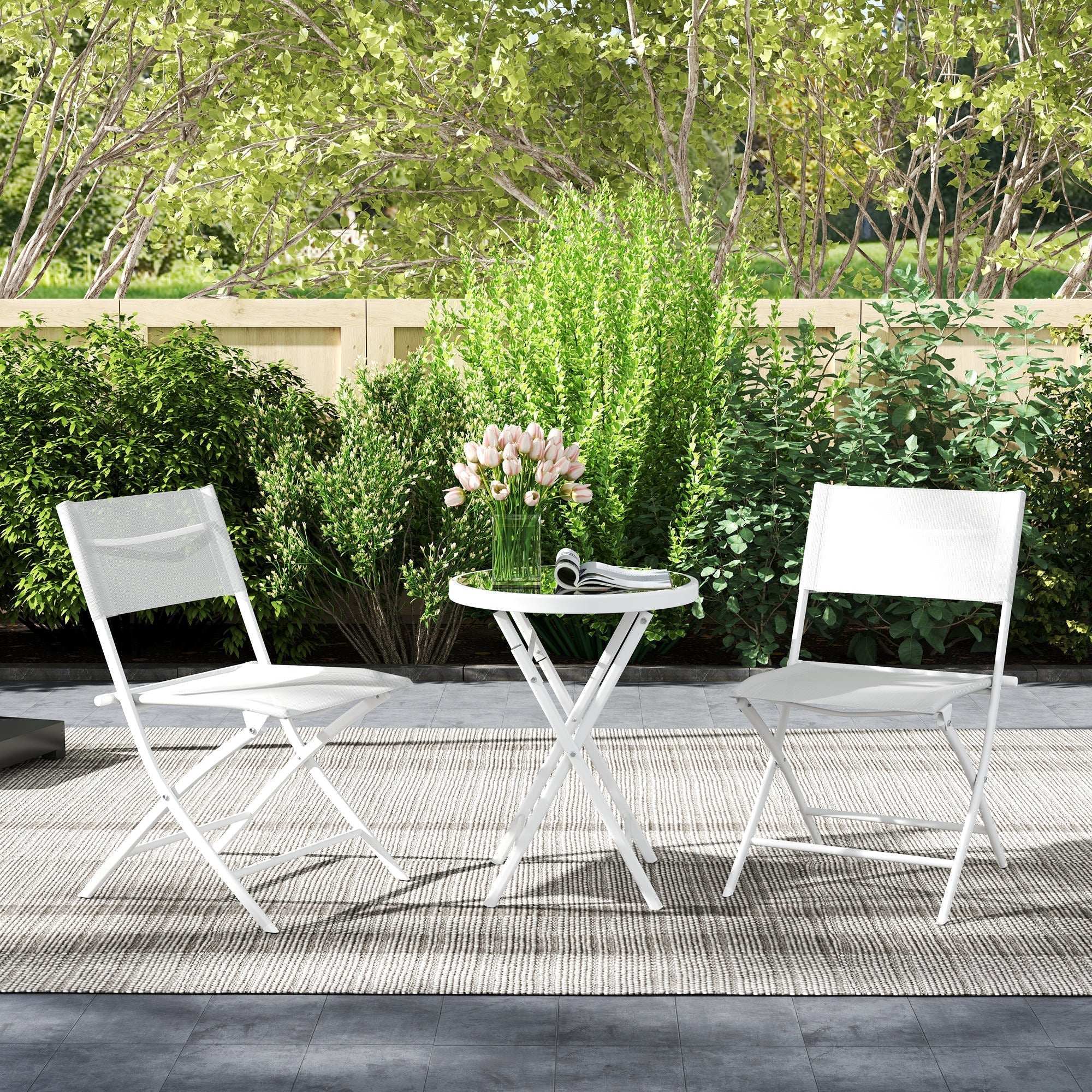 White metal folding patio table with round tempered glass top and x-shaped legs in outsunny outdoor bistro set