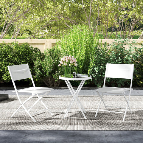 White metal folding patio table with round tempered glass top and x-shaped legs in outsunny outdoor bistro set