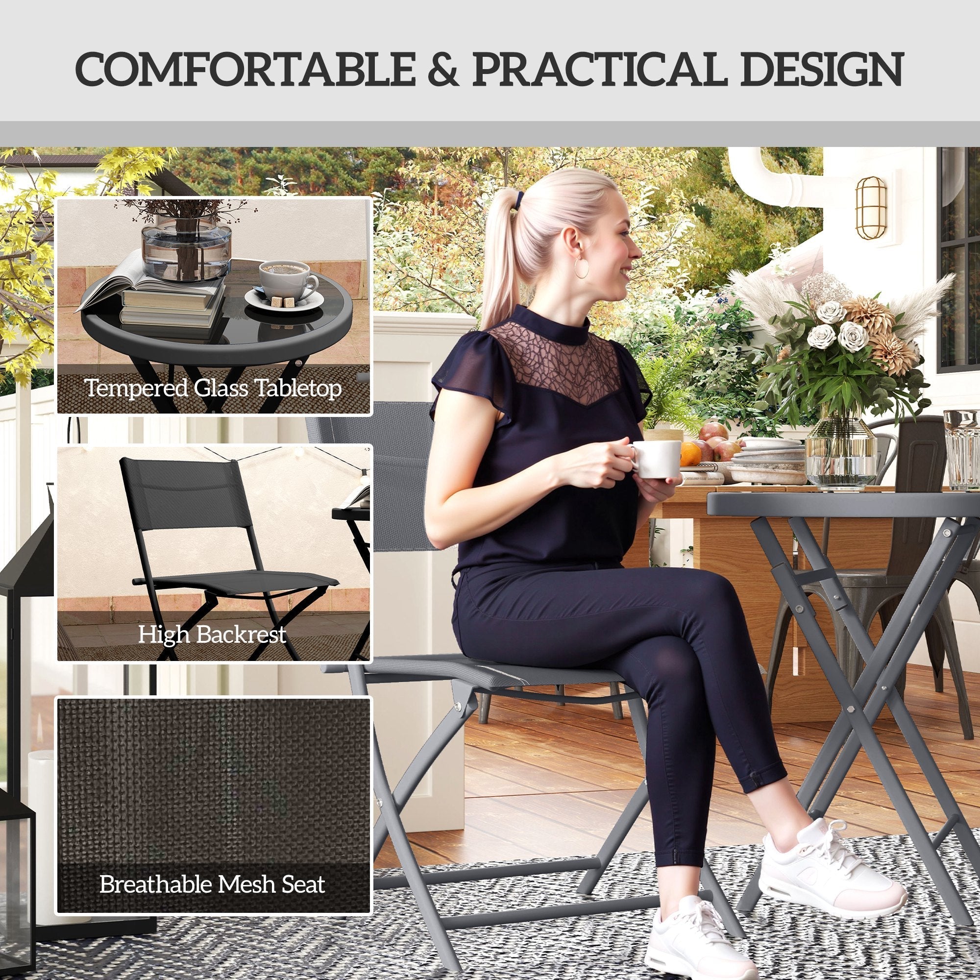 Black foldable chair with breathable mesh seat and high backrest from outsunny outdoor bistro set with tempered glass table