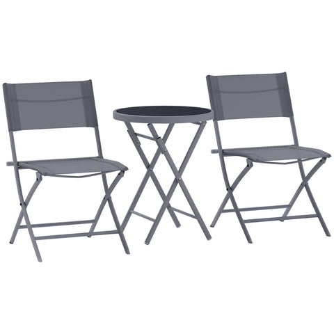 Gray breathable mesh outdoor bistro set with tempered glass folding table and two chairs with protecting feet