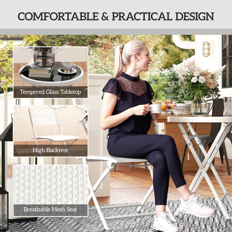 White foldable chair with breathable mesh seat and high backrest in outsunny outdoor bistro set with tempered glass table