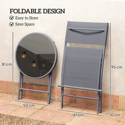 Gray foldable outdoor lounge chair with breathable mesh seat and metal frame in outsunny outdoor bistro set
