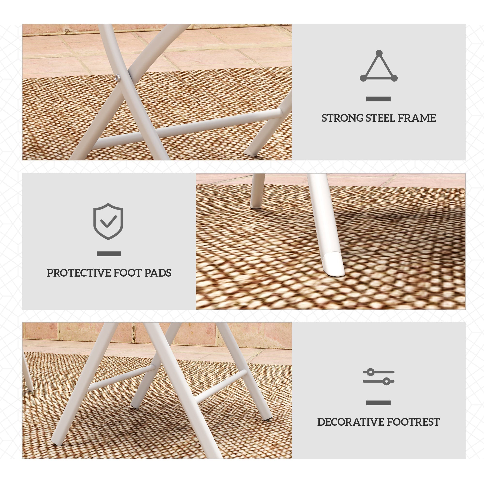 White metal folding chair with protective foot pads and decorative footrest in outsunny outdoor bistro set with tempered glass table