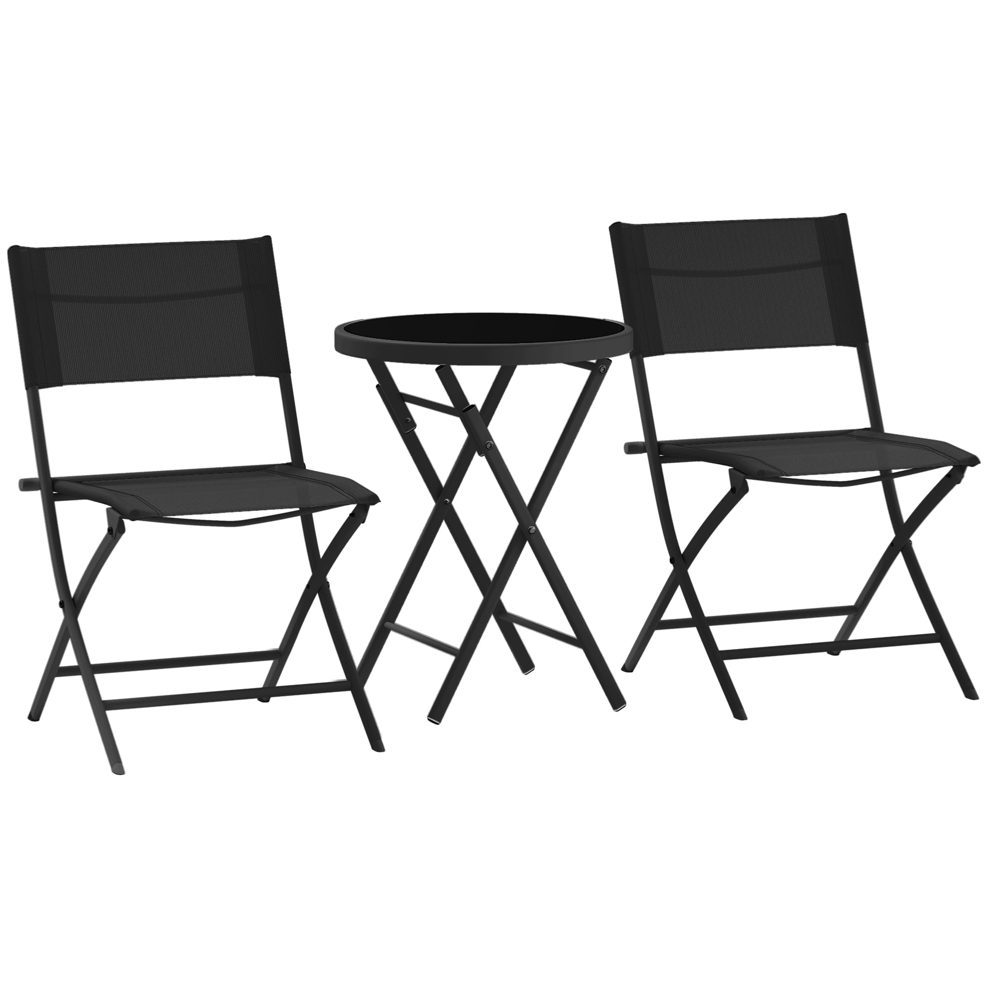 Black foldable outdoor bistro set with round tempered glass top and breathable mesh chairs by Outsunny