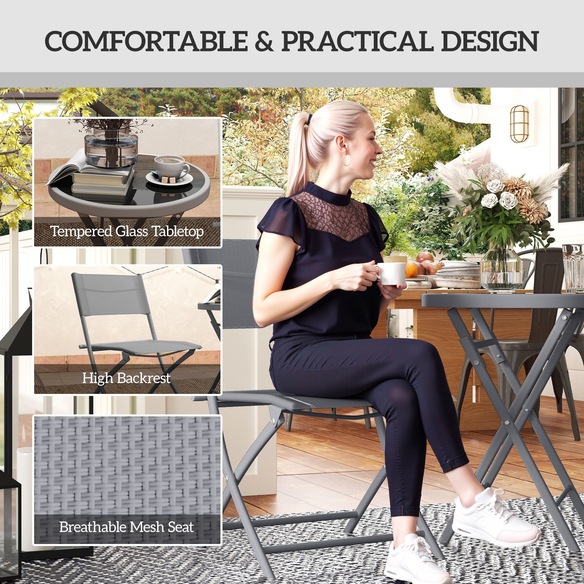 Gray foldable patio chair with breathable mesh seat and high backrest part of outsunny outdoor bistro set with tempered glass table