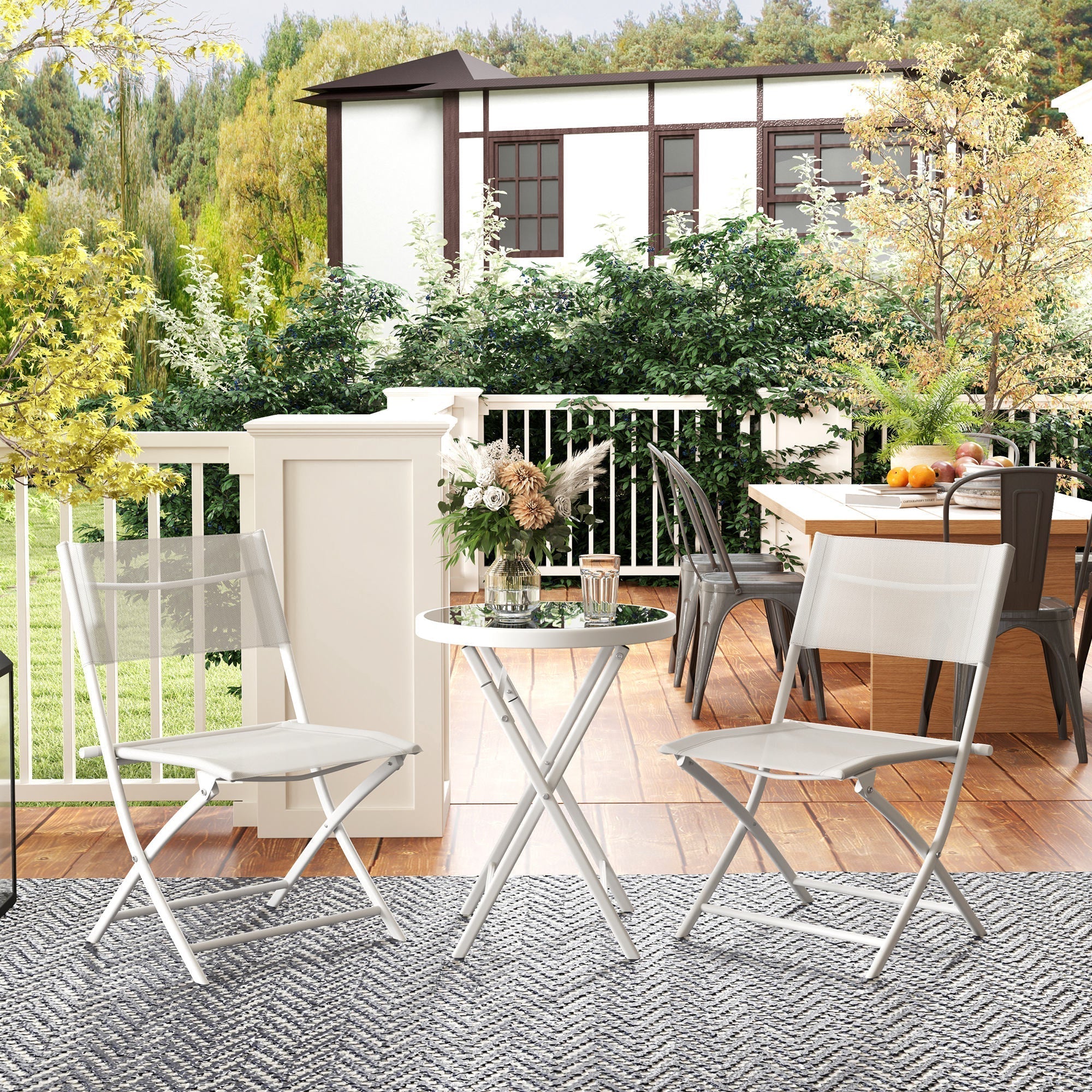 White foldable patio chair with breathable mesh back and seat part of outsunny outdoor bistro set with tempered glass table