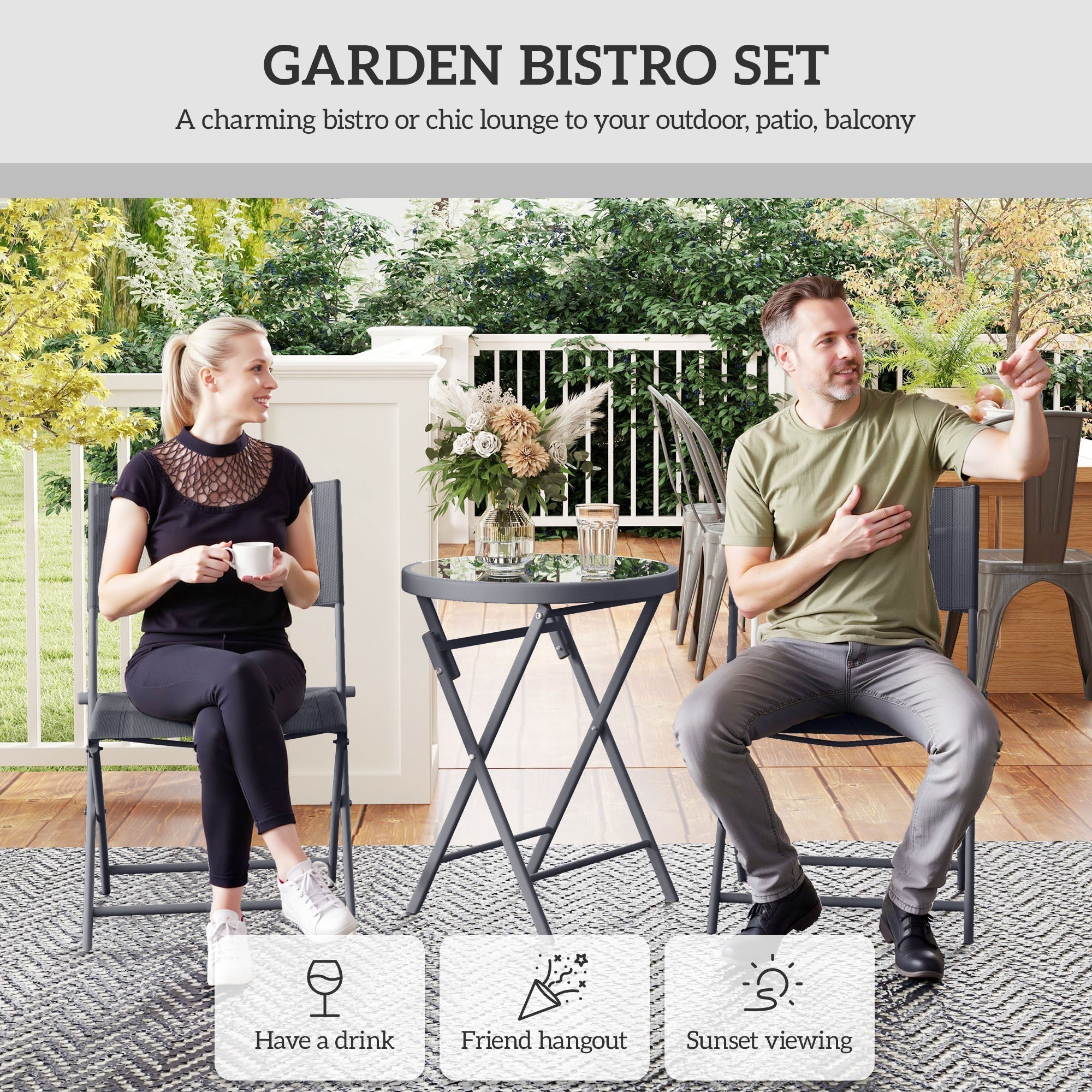 Black metal folding garden bistro table with tempered glass top in grey outsunny 3 pieces outdoor bistro set