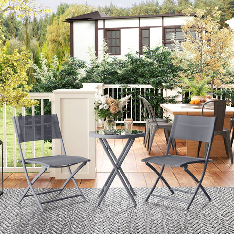 Gray metal folding chairs with breathable mesh seats and backs in outsunny outdoor bistro set with tempered glass table