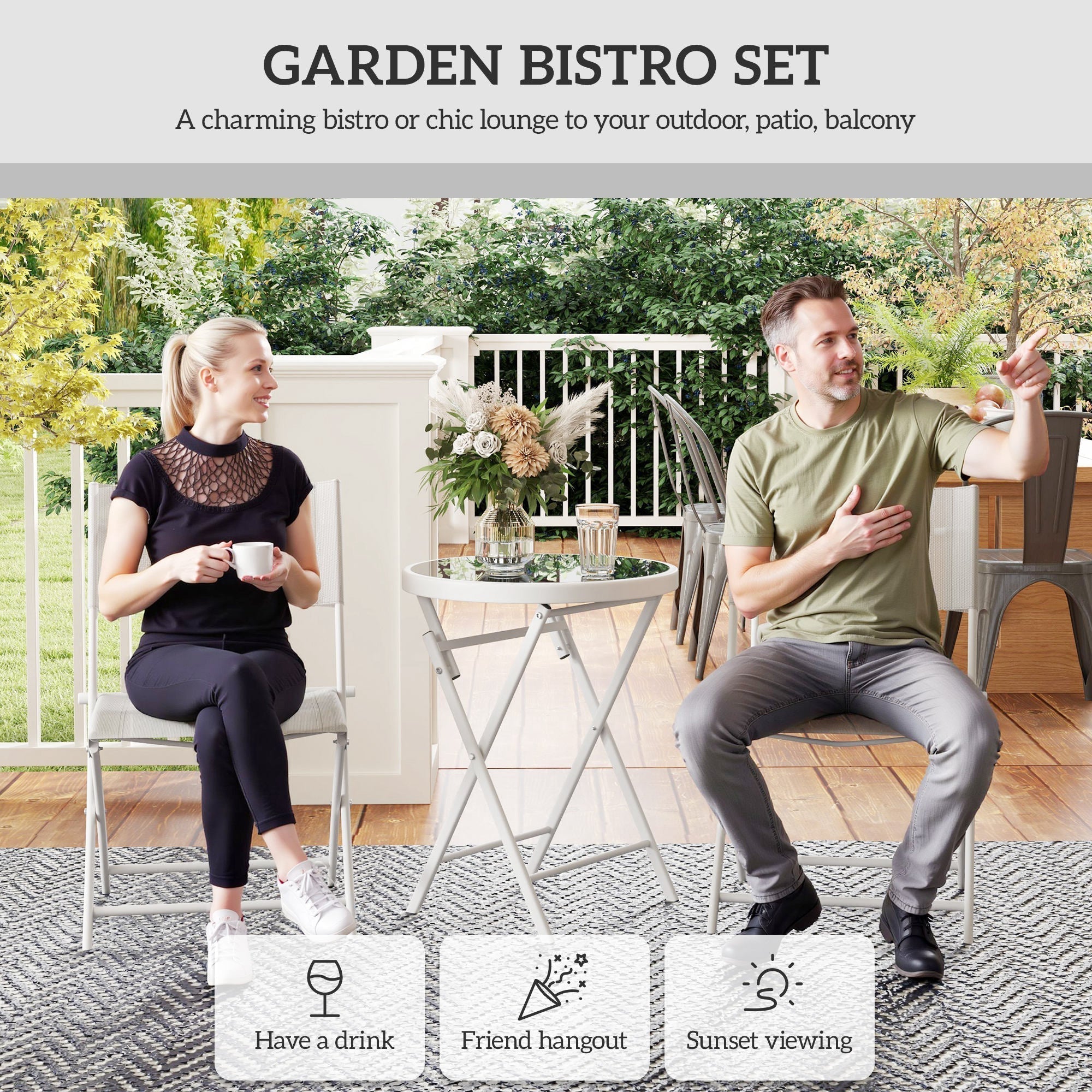 White metal folding outdoor bistro set with round tempered glass top and breathable mesh chairs for garden use