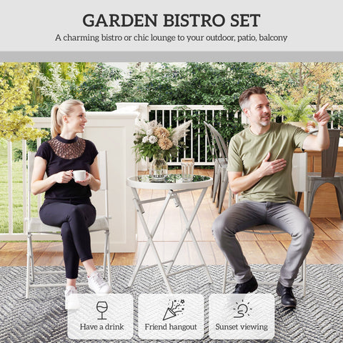 White metal folding outdoor bistro set with round tempered glass top and breathable mesh chairs for garden use