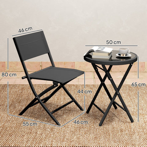 Black Outsunny 3 pieces outdoor bistro set with breathable mesh folding chairs and tempered glass top table for patio use