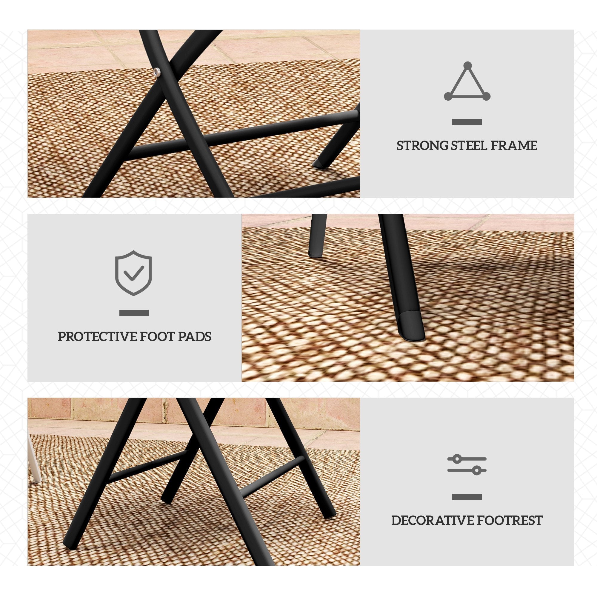 Black steel folding chair with protective foot pads and decorative footrest in outsunny outdoor bistro set with tempered glass table