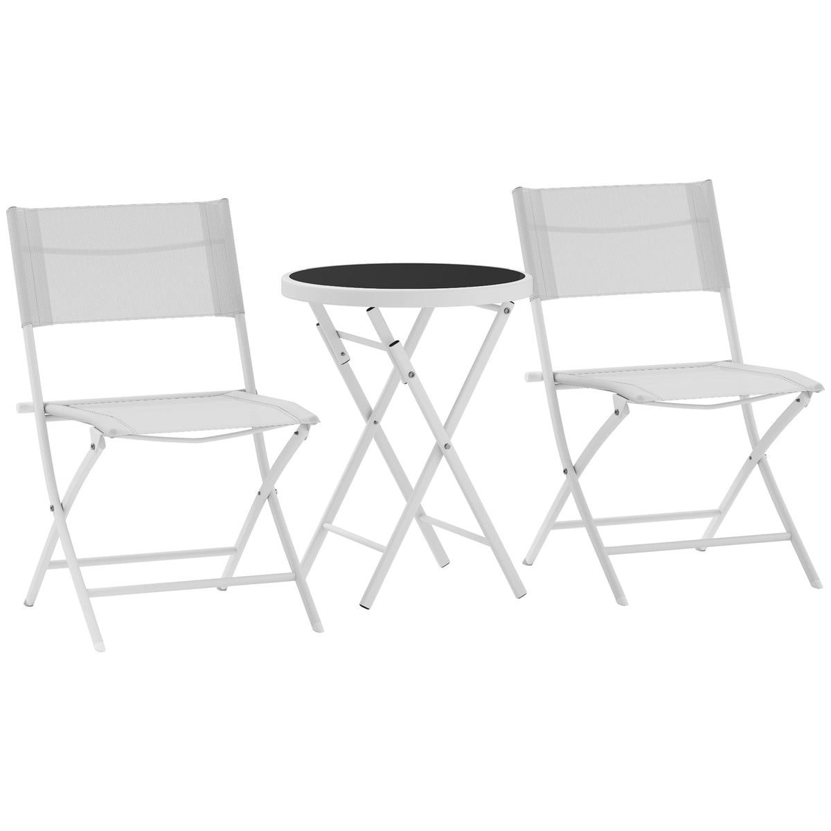 White Outsunny outdoor bistro set with foldable metal frame, black tempered glass top, and breathable mesh chairs