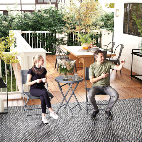 Gray herringbone outdoor rug complementing outsunny 3 pieces outdoor bistro set with tempered glass table and breathable mesh chairs