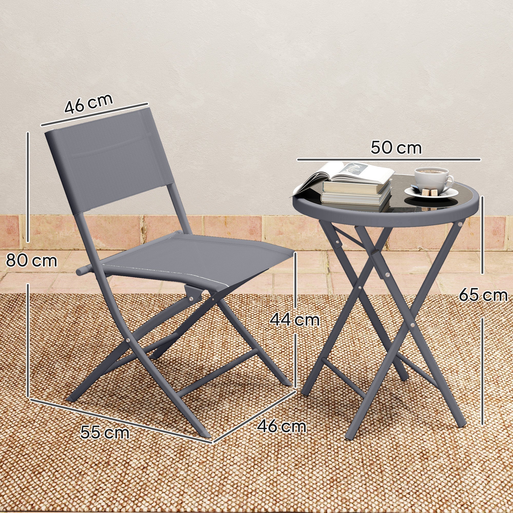 Gray foldable patio chair with breathable mesh and metal frame as part of outsunny outdoor bistro set with tempered glass table