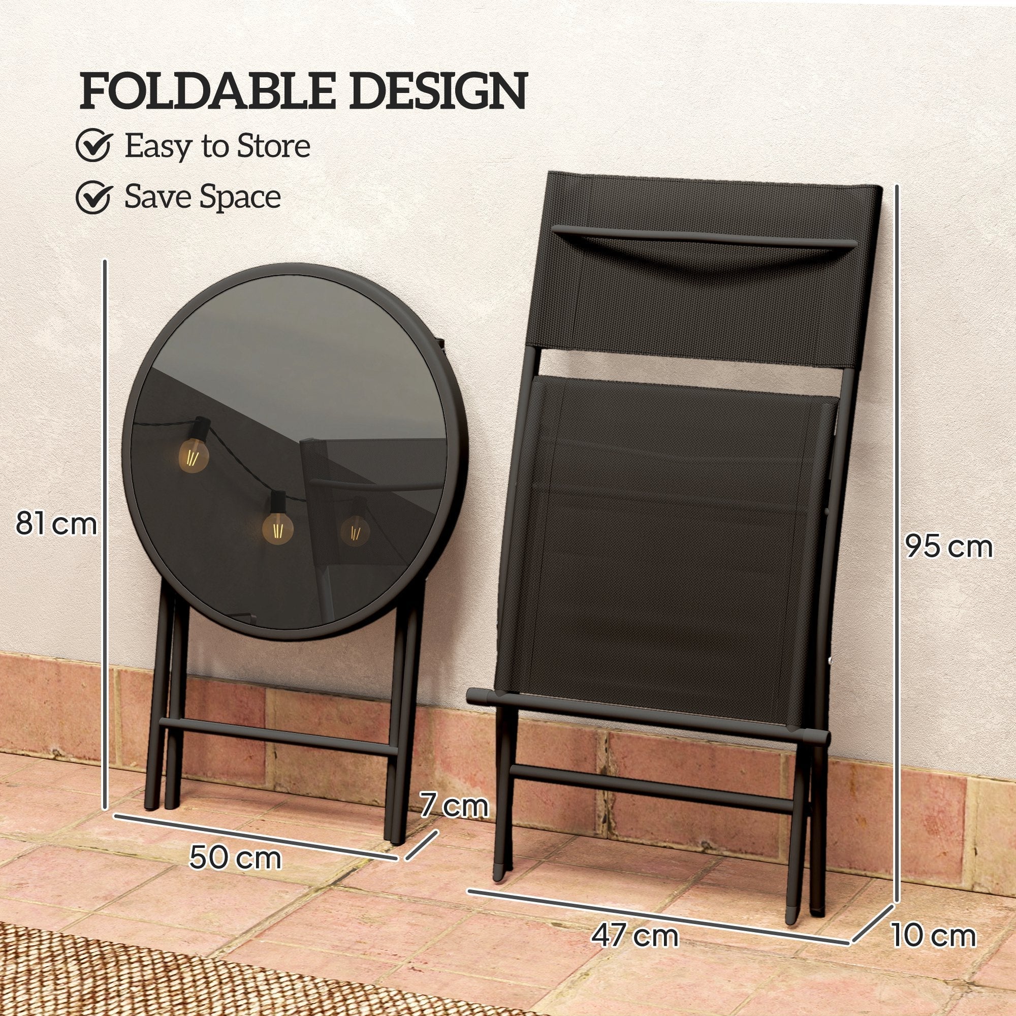 Black foldable outdoor chair with breathable mesh and metal frame from outsunny outdoor bistro set with tempered glass table