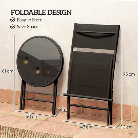 Black foldable outdoor chair with breathable mesh and metal frame from outsunny outdoor bistro set with tempered glass table