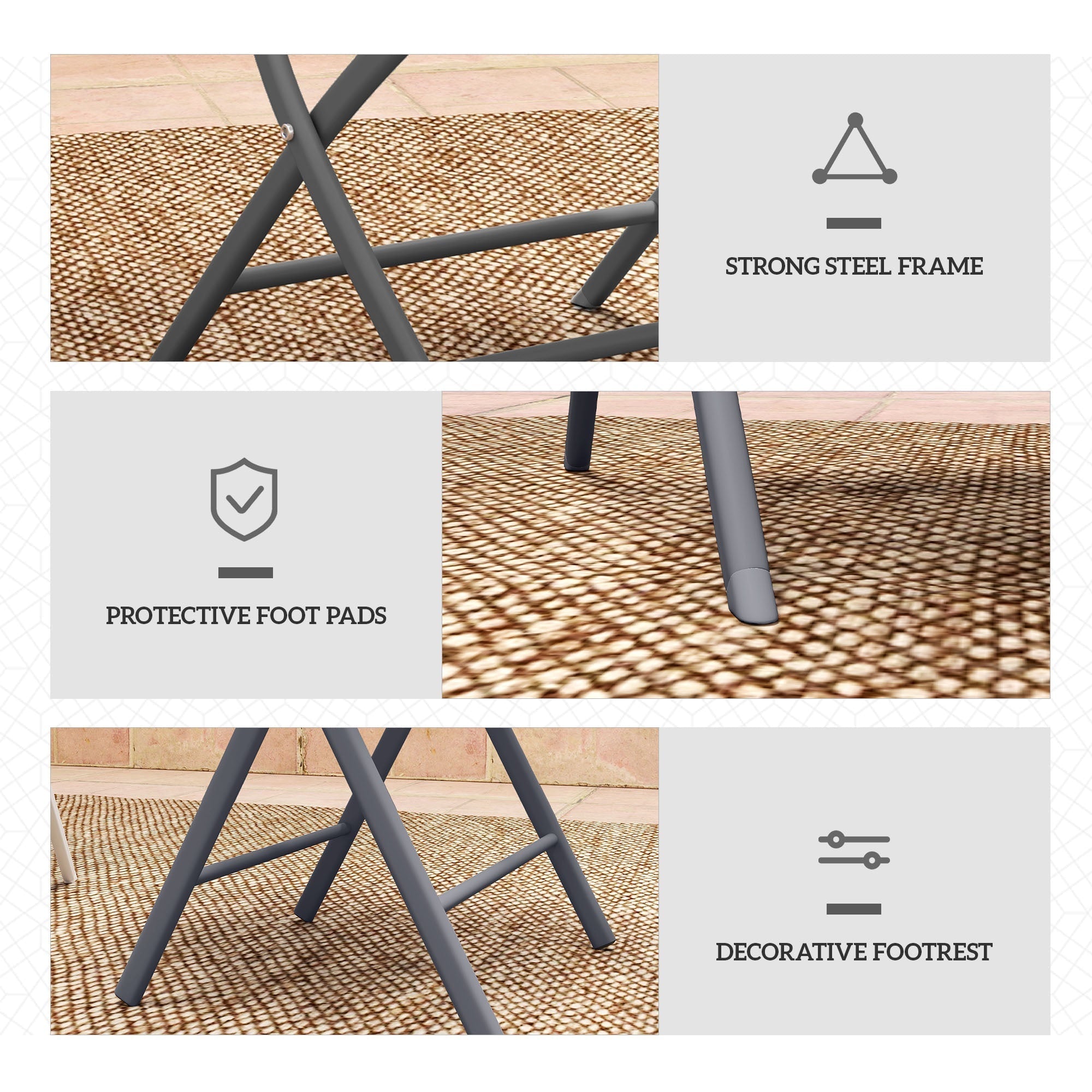 Gray metal folding chair with protective foot pads and decorative footrest from outsunny breathable mesh outdoor bistro set