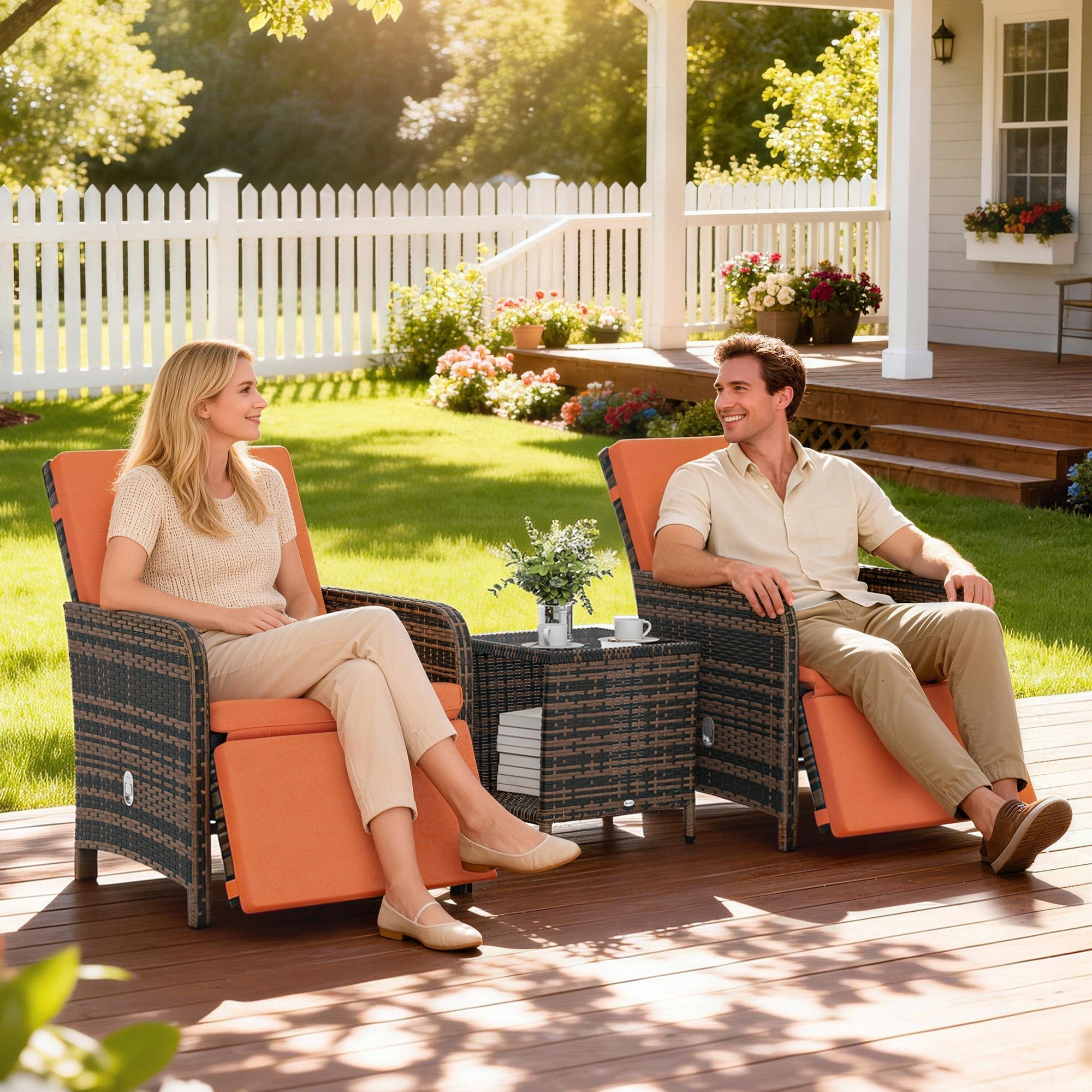 Outsunny orange cushioned recliner garden chairs with dark woven wicker frame in a 3 piece bistro set for balcony use