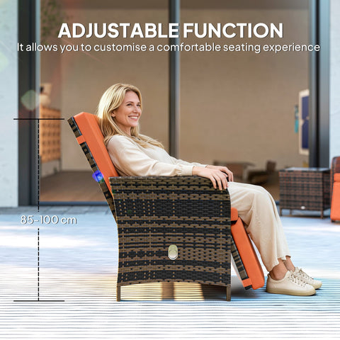 Adjustable outdoor recliner chair with woven dark brown wicker frame and vibrant orange cushions in outsunny bistro set