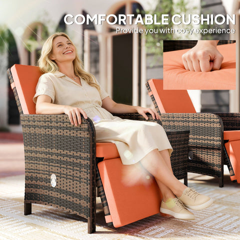 Orange cushioned outdoor recliner chair with woven dark brown wicker frame in outsunny bistro set garden chairs