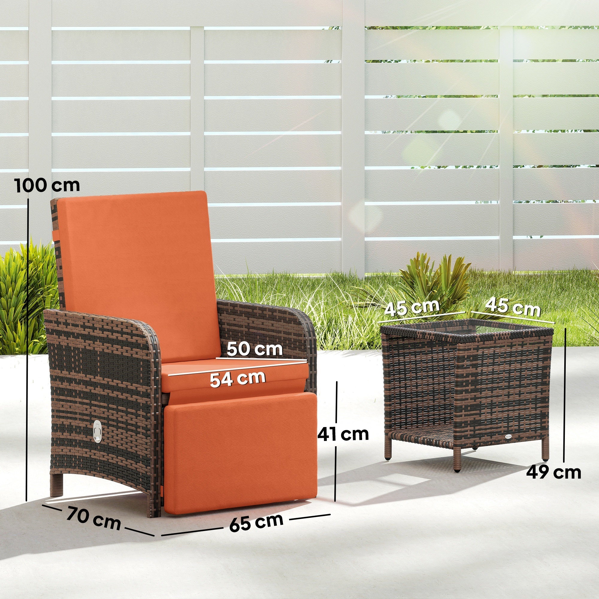 Orange cushioned wicker bistro set with storage function featuring garden chairs and matching side table for balcony use